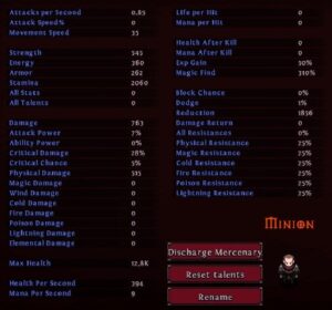 character statistics screen in hero siege